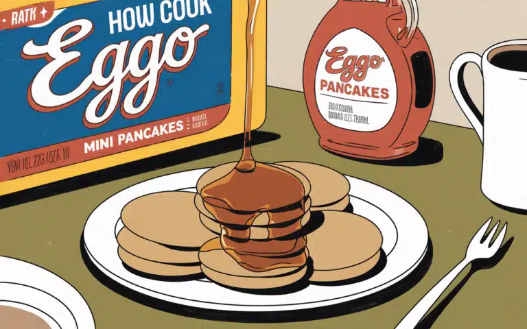 Illustration of a breakfast scene with a plate of mini pancakes being drizzled with syrup, capturing the essence of "How do you cook Eggo mini pancakes?" To the side, there's a box of Eggo mini pancakes and a syrup bottle labeled Eggo Pancakes. A fork rests invitingly on the table.