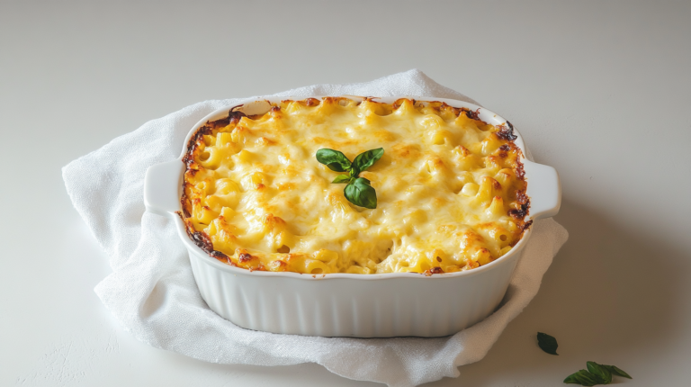 Classic Baked Macaroni and Cheese in a light background