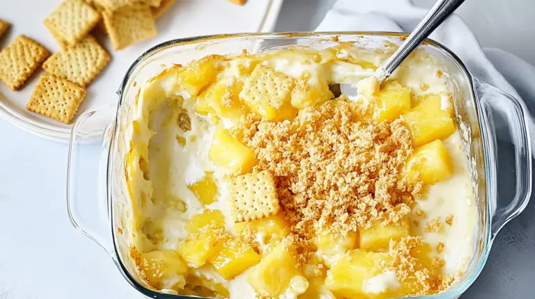 pineapple cassrole toped with crushed butter crackers