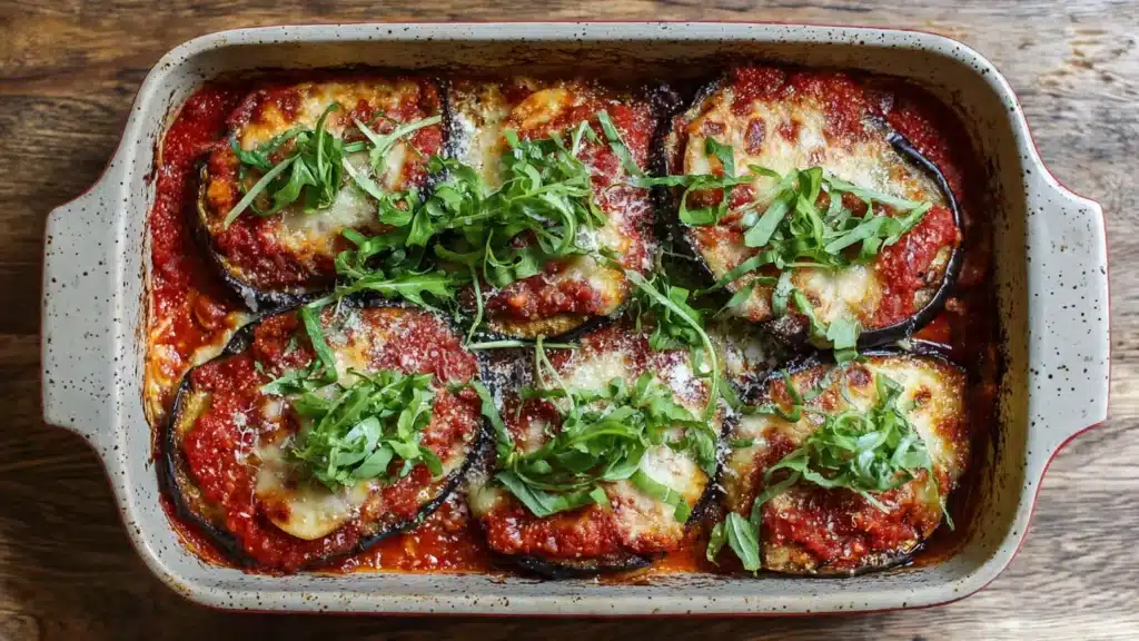 Baked eggplant parmesan in casserole