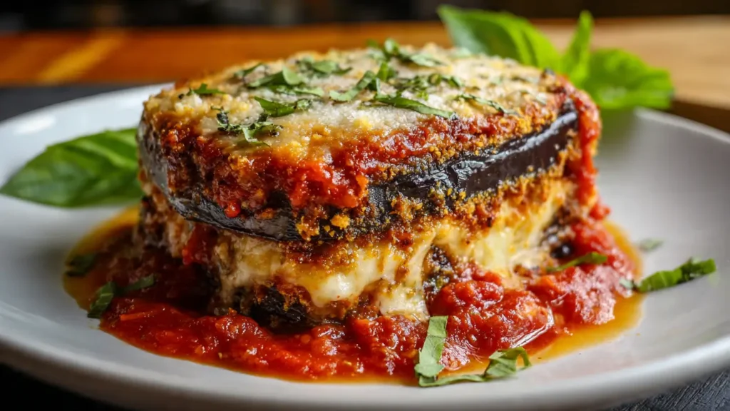 Baked eggplant parmesan in a plate