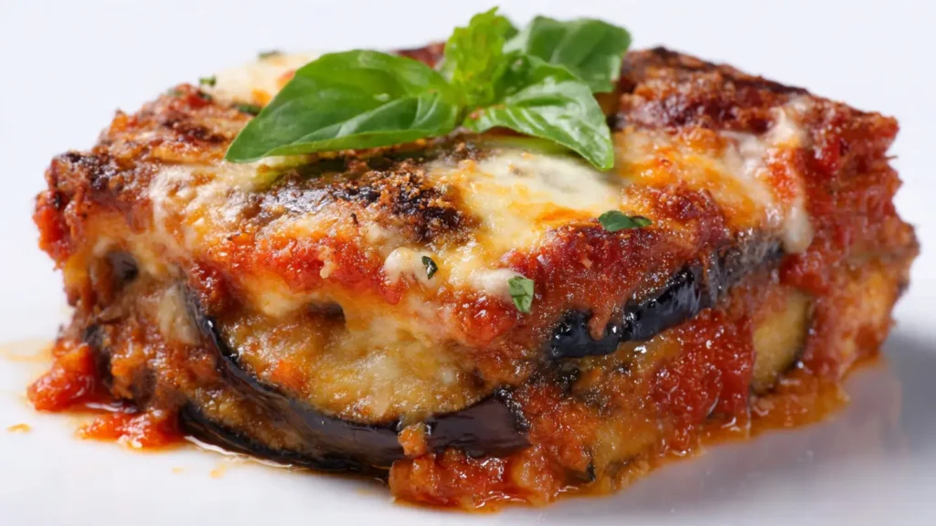 Baked eggplant parmesan in white background