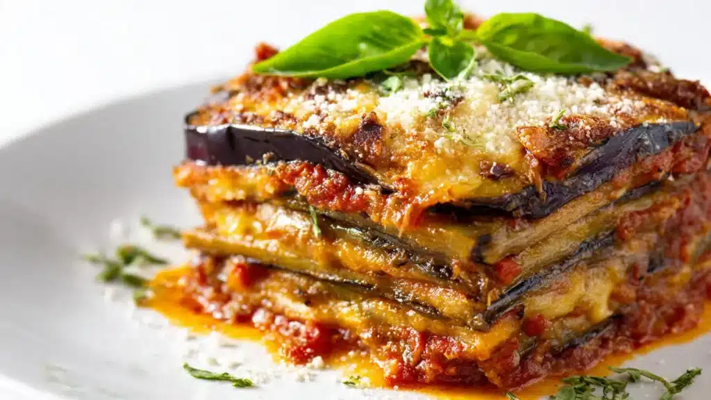 Baked layers eggplant parmesan in white plate