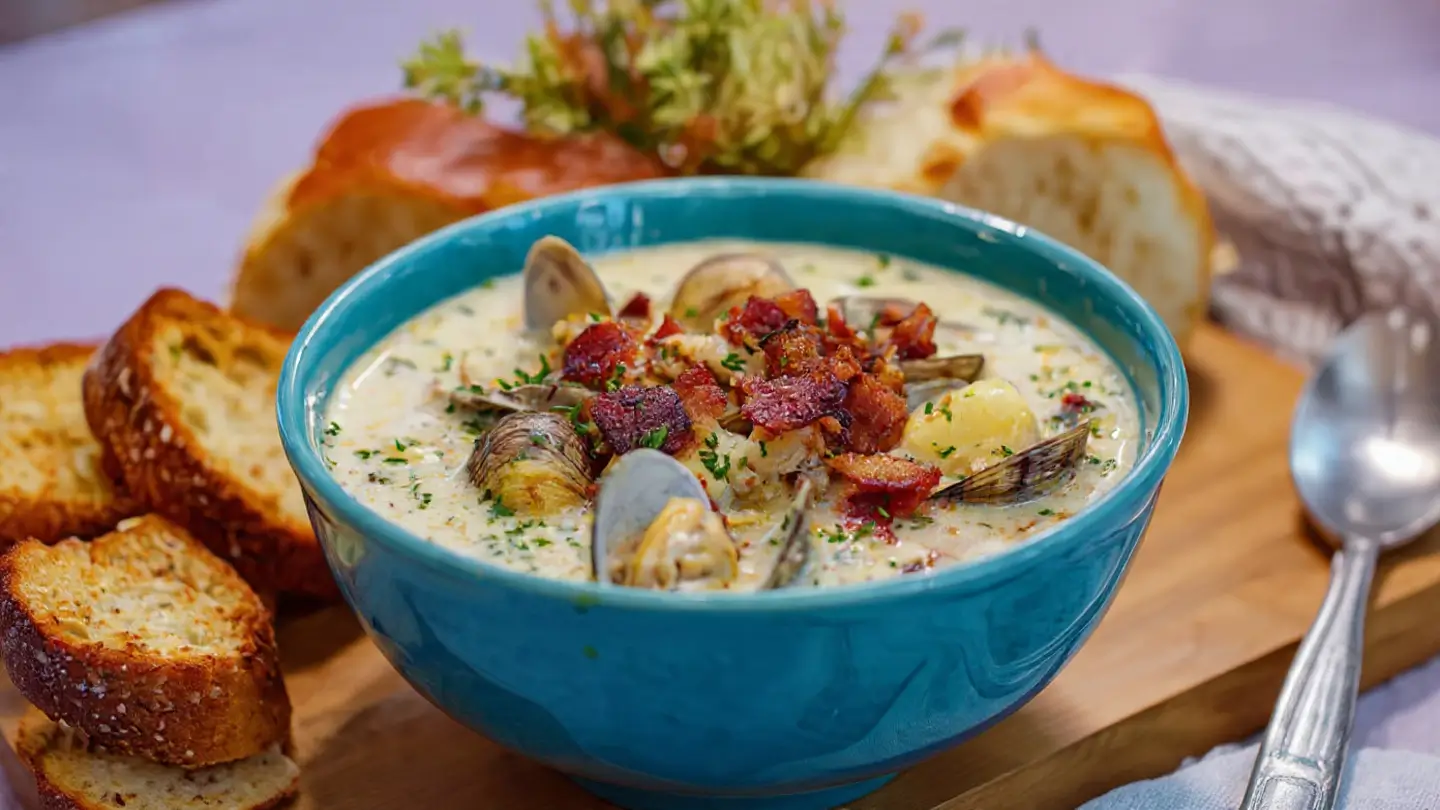 Clam Chowder Recipe in a blue bowl with bread