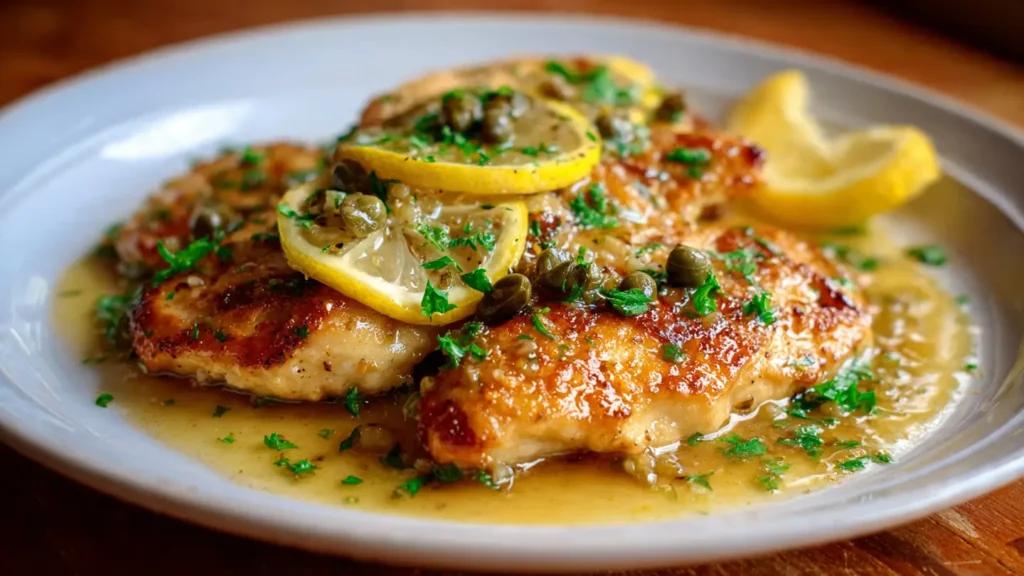 Plated chicken piccata with garnish