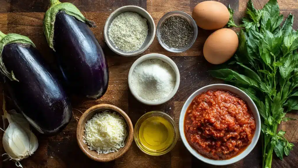 Eggplant parmesan ingredients display
