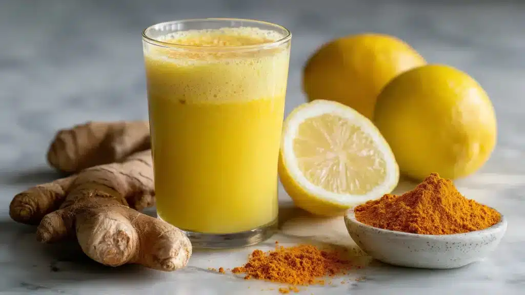 Ginger lemon turmeric shot in glass