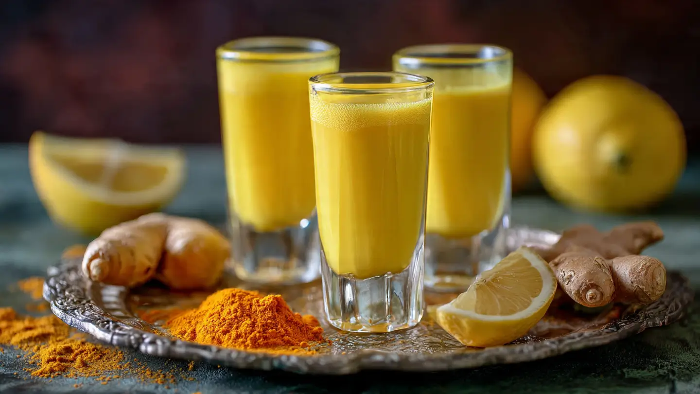 Ginger Lemon Turmeric Shots on a coppedr plate