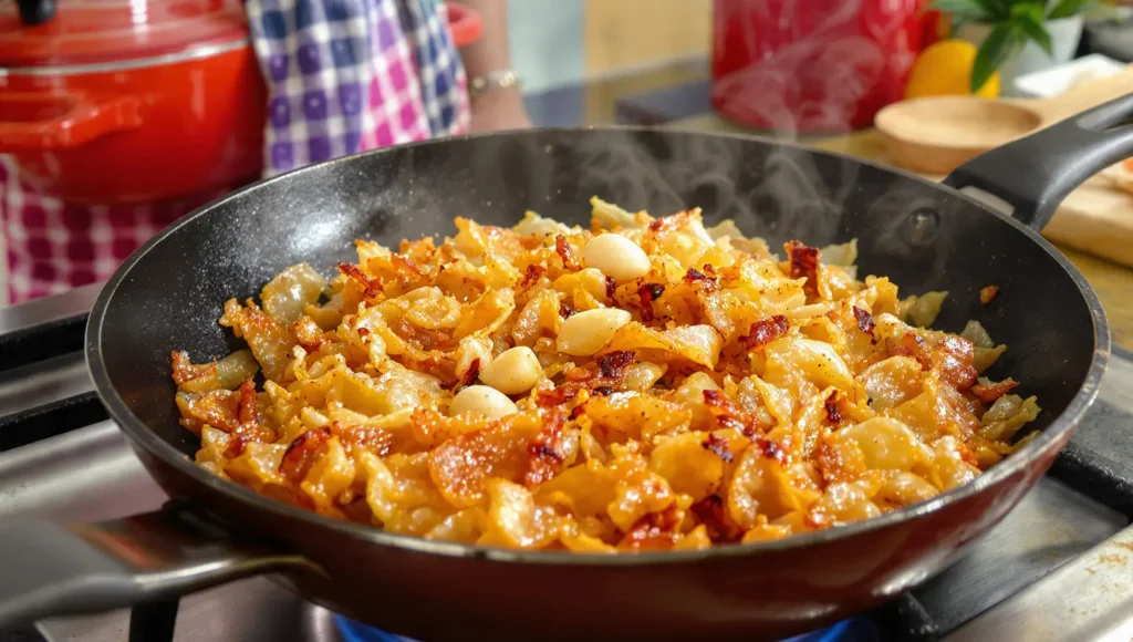 Close-up fried cabbage in skillet