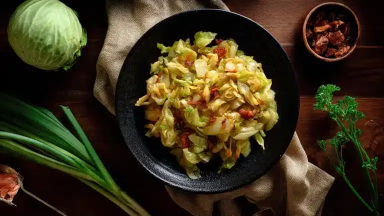 Fried Cabbage in a table with a simple decoration