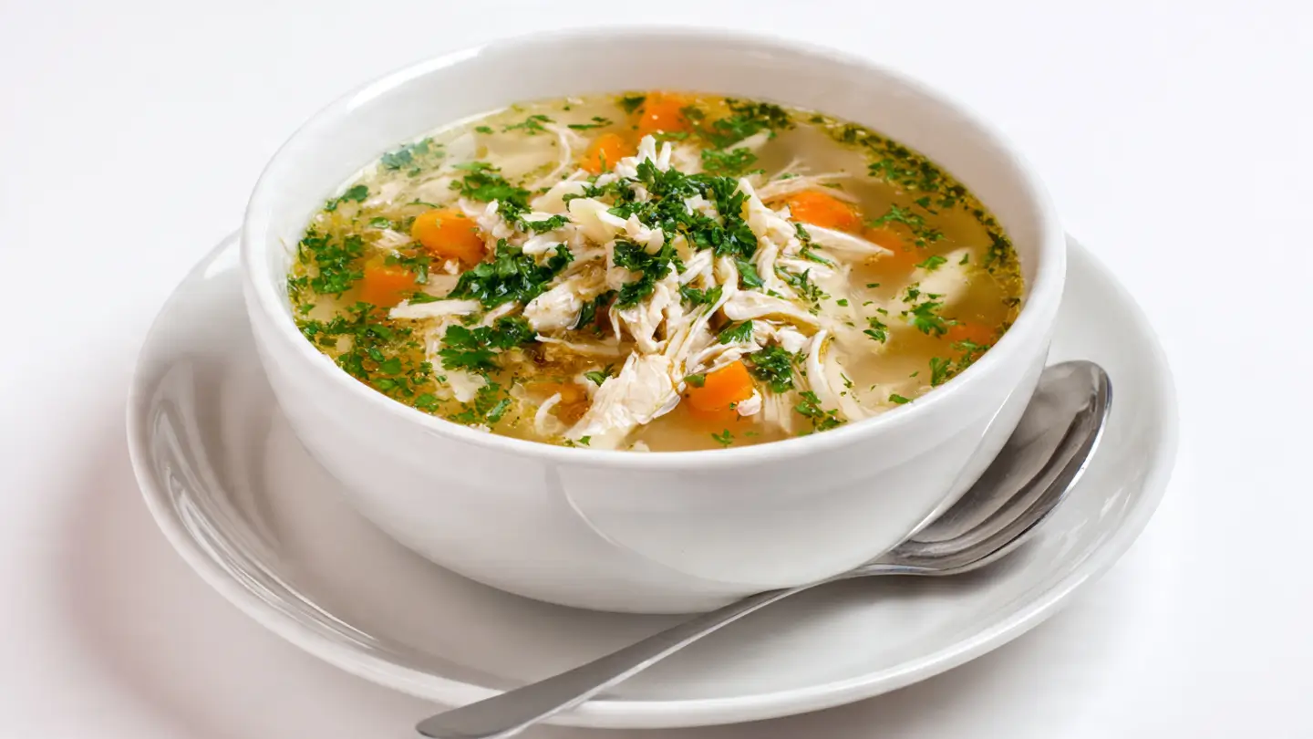 leftover rotisserie chicken soup in a white bowl