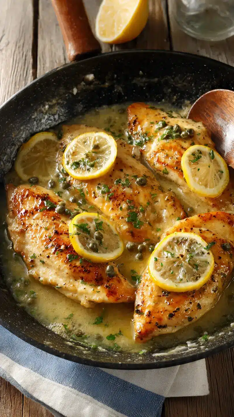picatta chicken zesty and tender in a skilett (pan)