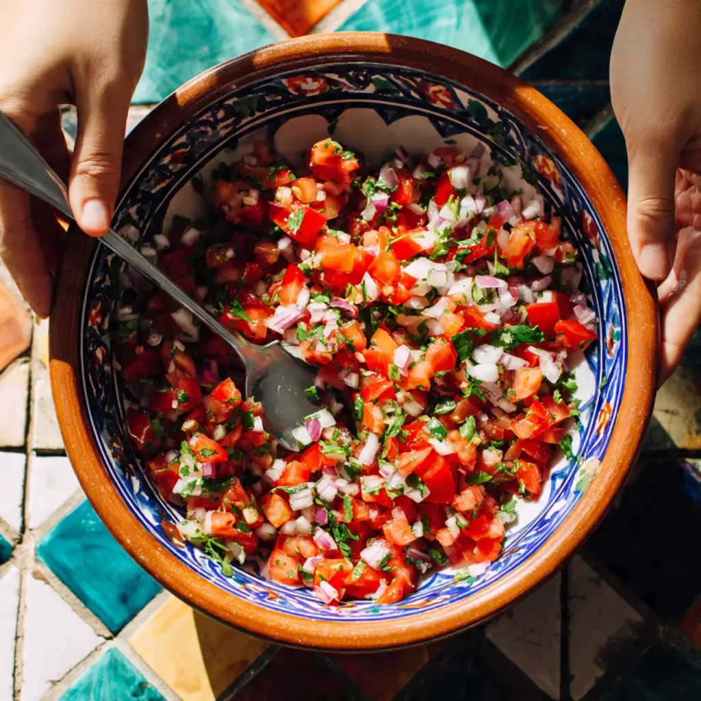Mixing pico de gallo in bowl