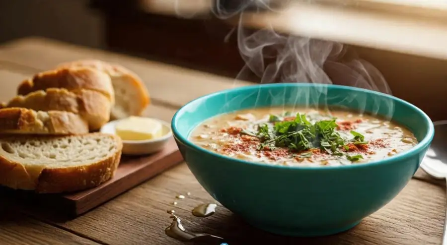 Steaming bowl of clam chowder