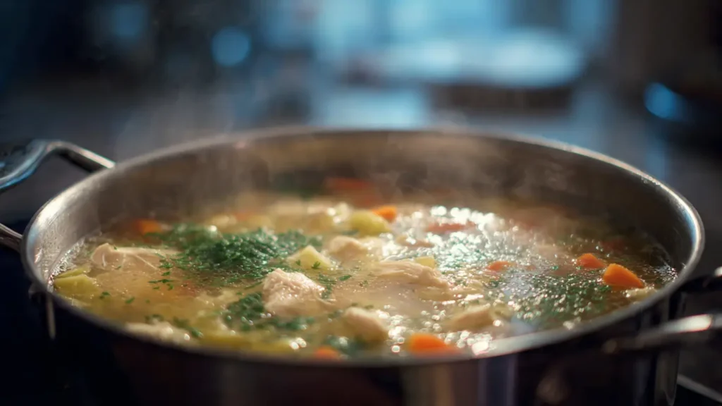 Pot of chicken soup simmering