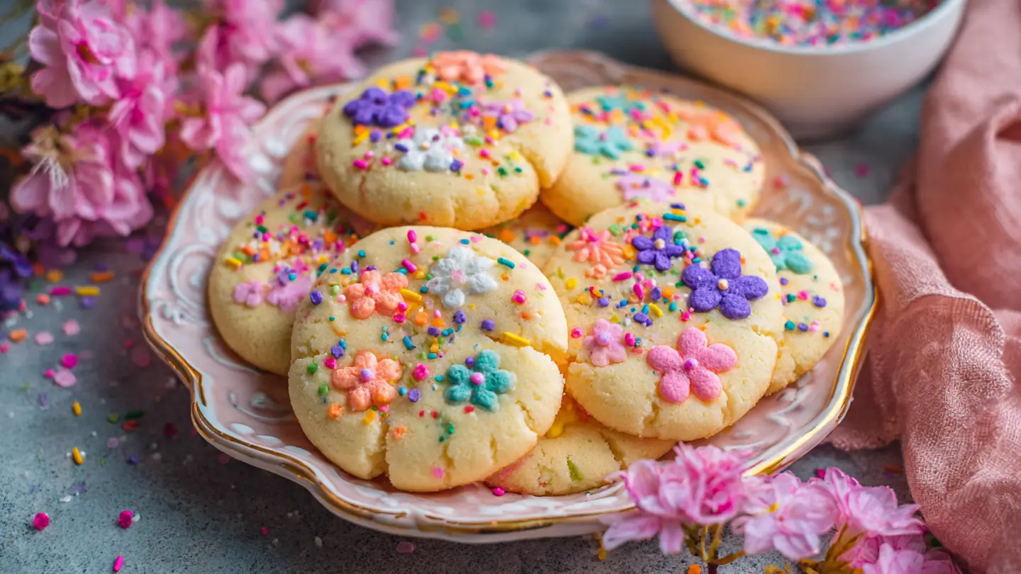 Soft & Chewy Pressed Spring Sugar Cookies with Sprinkles and flowers