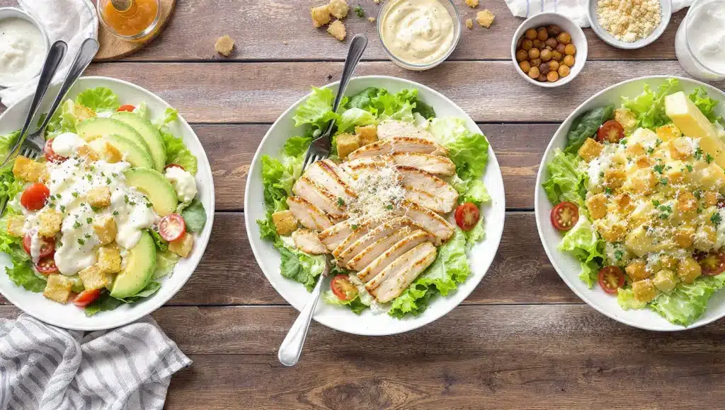 Caesar salad with summer veggies chicken avocado
