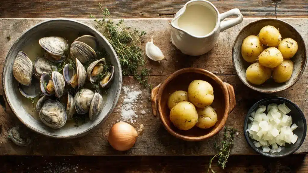 Clam chowder ingredients on counter