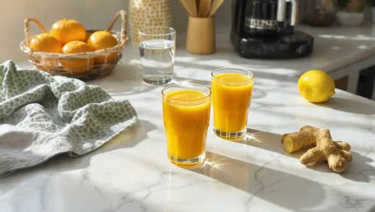 Ginger Lemon Turmeric Shots on a white marble counter