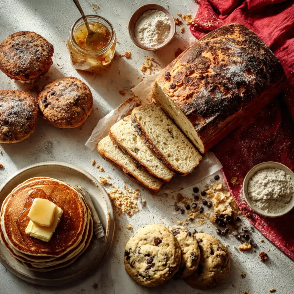 Four sourdough baked goods display