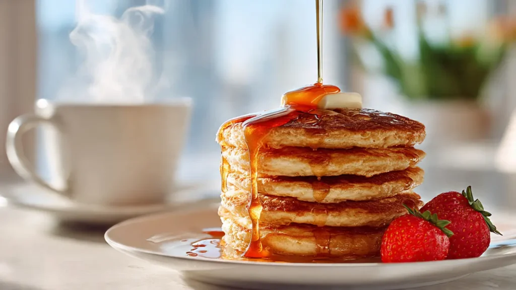 Stack of fluffy pancakes with syrup