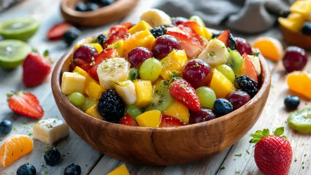 fruit Salad with Honey-Lime Dressingin a wooden bowl