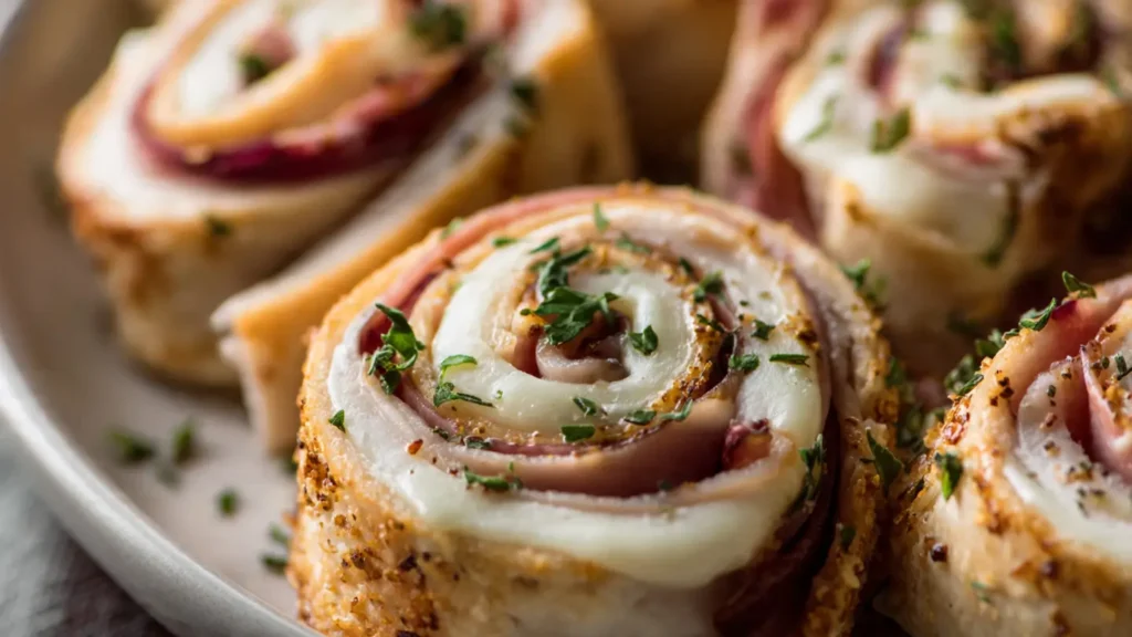 Assembling turkey cheese pinwheels close up