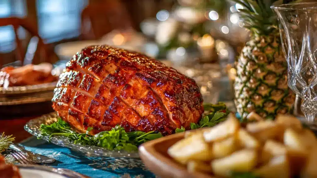 Baked glazed ham on table