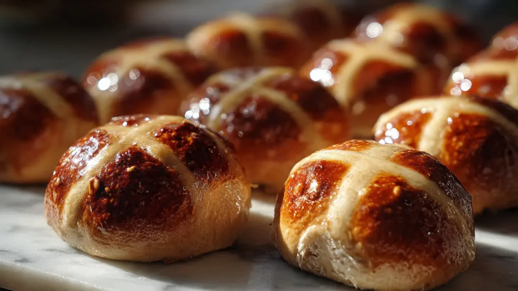 Batch of hot cross buns close-up