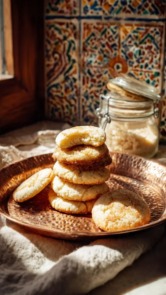 Close-up of sourdough discard cookies on a copper plate
