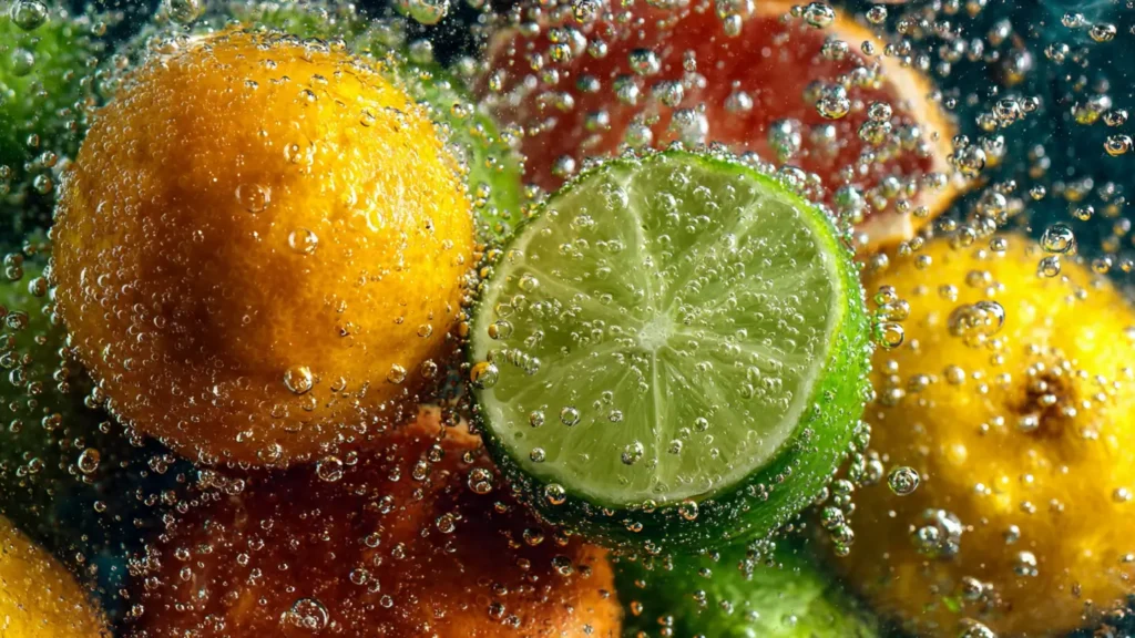 Citrus fruits in sparkling water close-up