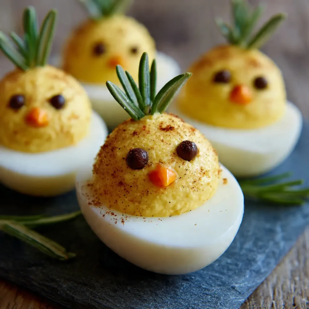 Deviled Egg Chicks with Mustard Beaks and Olive Eyes