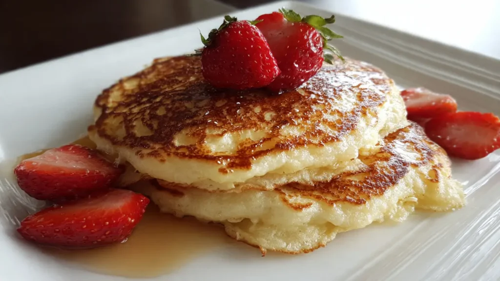 Fluffy Sourdough Discard Pancakes toped with strawberry