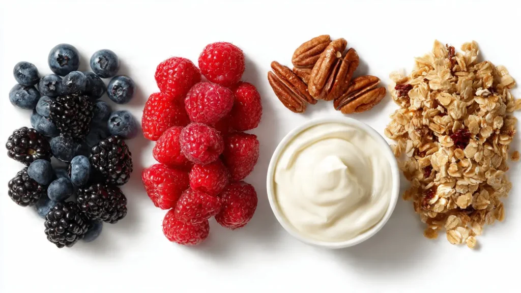 Fresh berries yogurt and granola ingredients