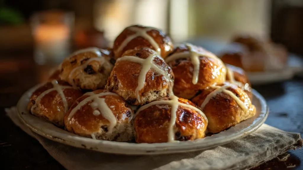 Freshly glazed hot cross buns