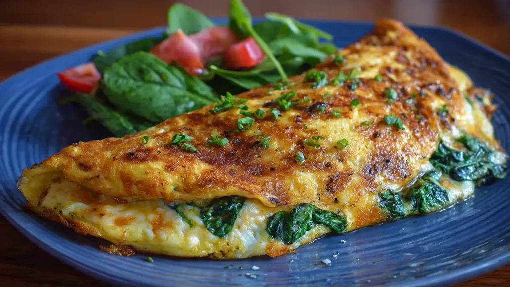 Plated spinach cheese omelet breakfast