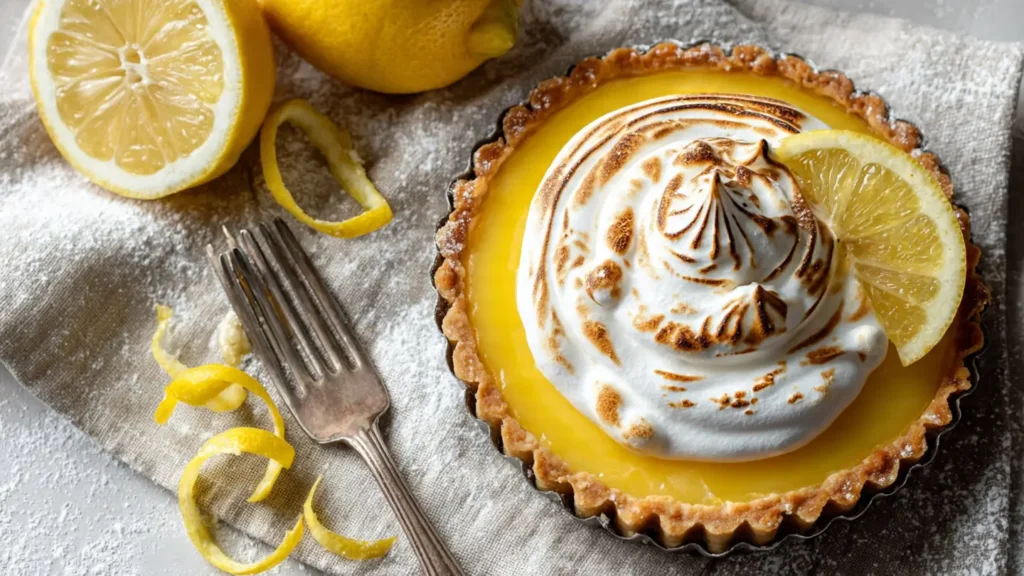 lemon tart with merangeon top and a slice of lemon