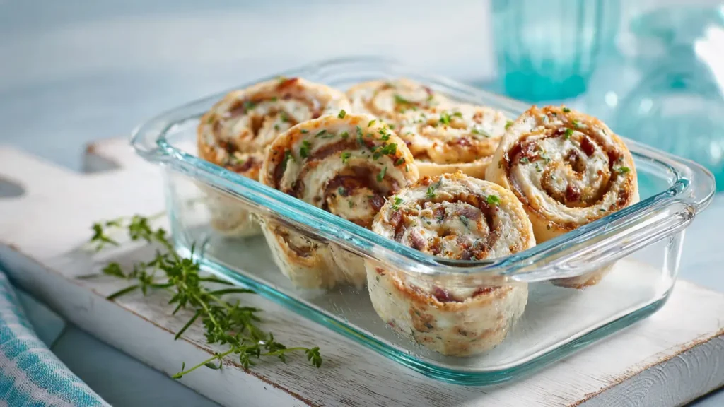 Turkey cheese pinwheel sandwiches on glass container