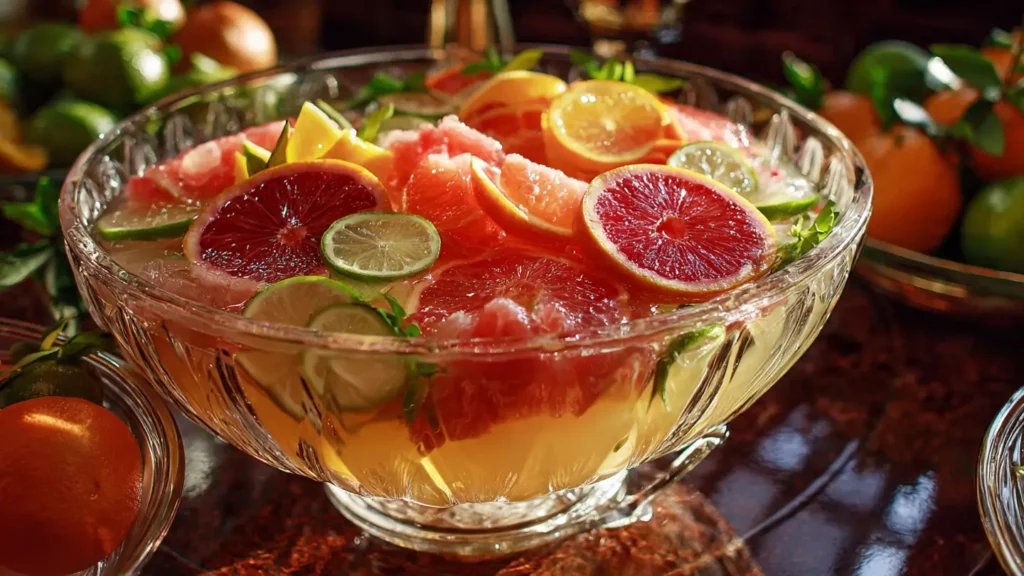 Sparkling citrus punch bowl at party