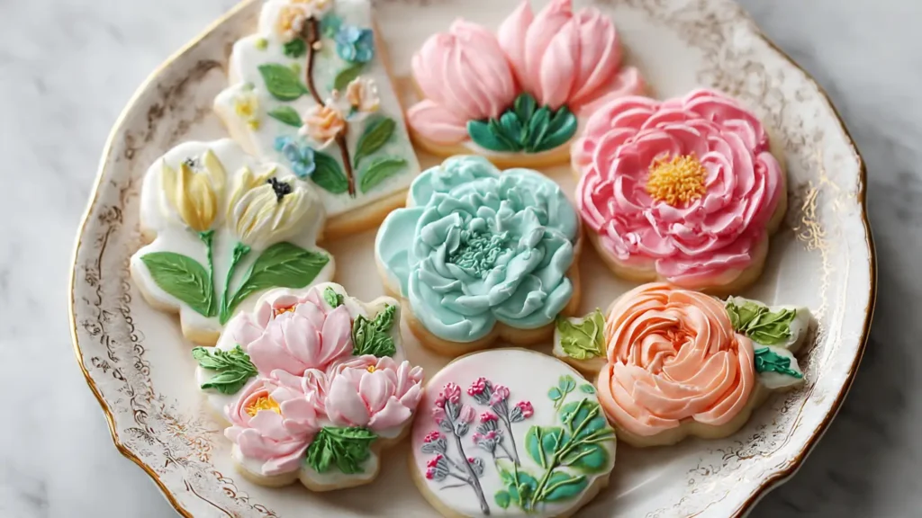 plaet of trendy spring sugar cookies flowers