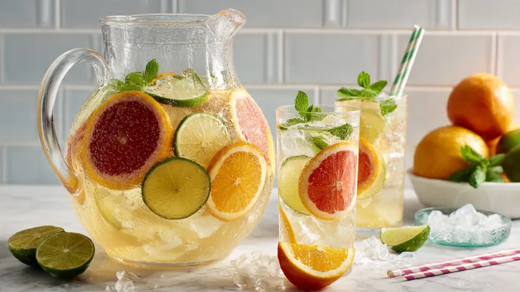 Citrus punch in sunlit pitcher