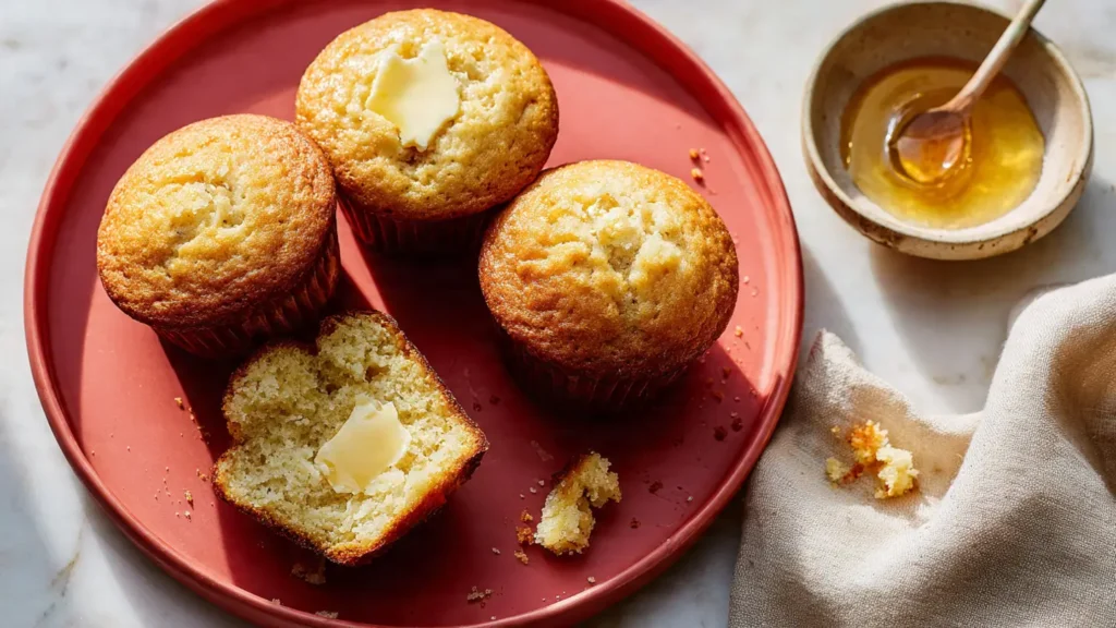 Stack of soft sourdough muffins with honey