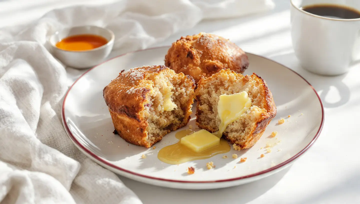 Soft Sourdough Discard Muffins for breakfast with cup of coffee