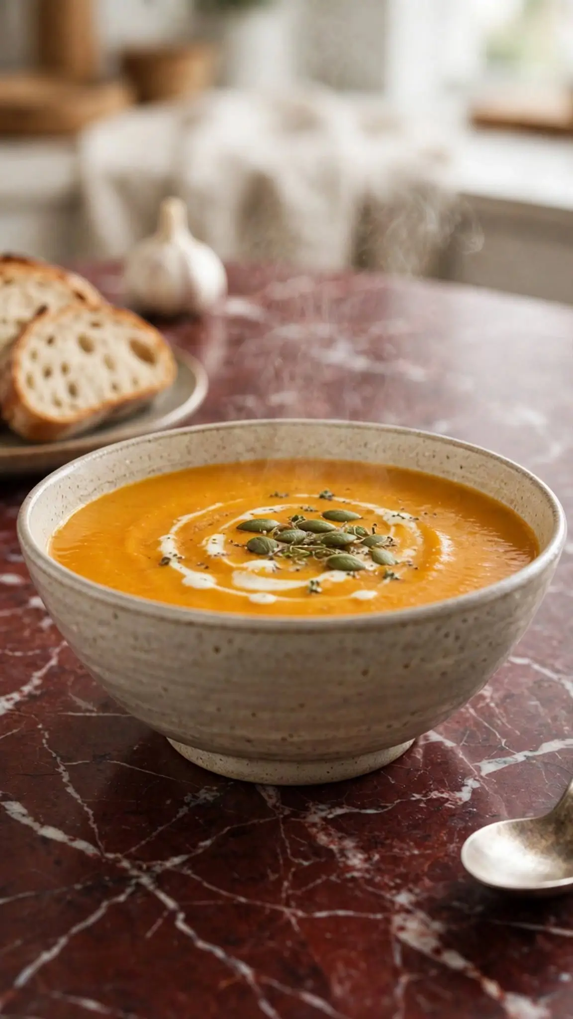 Roasted Butternut Squash Soup Recipe in a bowl on red marble counter top