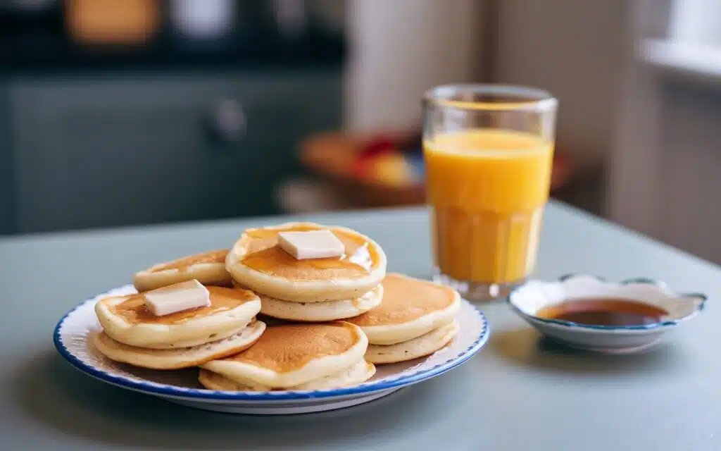 Eggo Mini Pancakes with butter syrup and orange juice