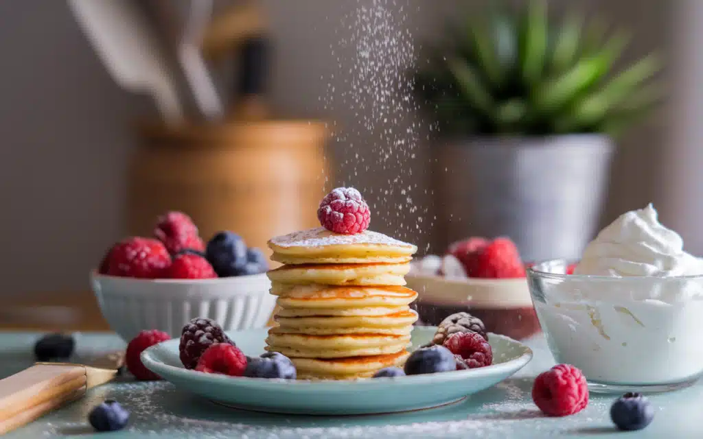 Mini Pancakes ice cream sugar powder and berries