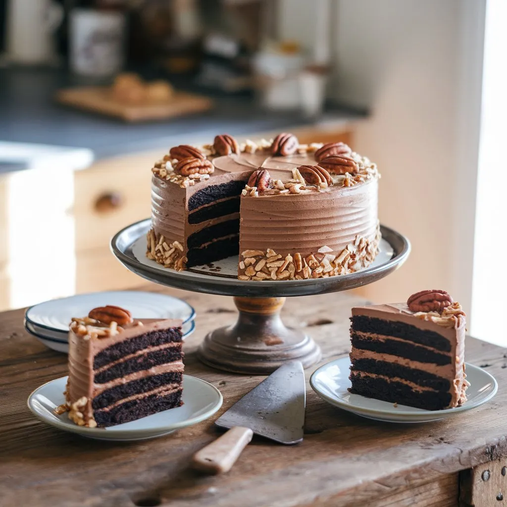 German Chocolate Cake on a vintage plate, revealing moist chocolate layers separated by gooey coconut-pecan frosting