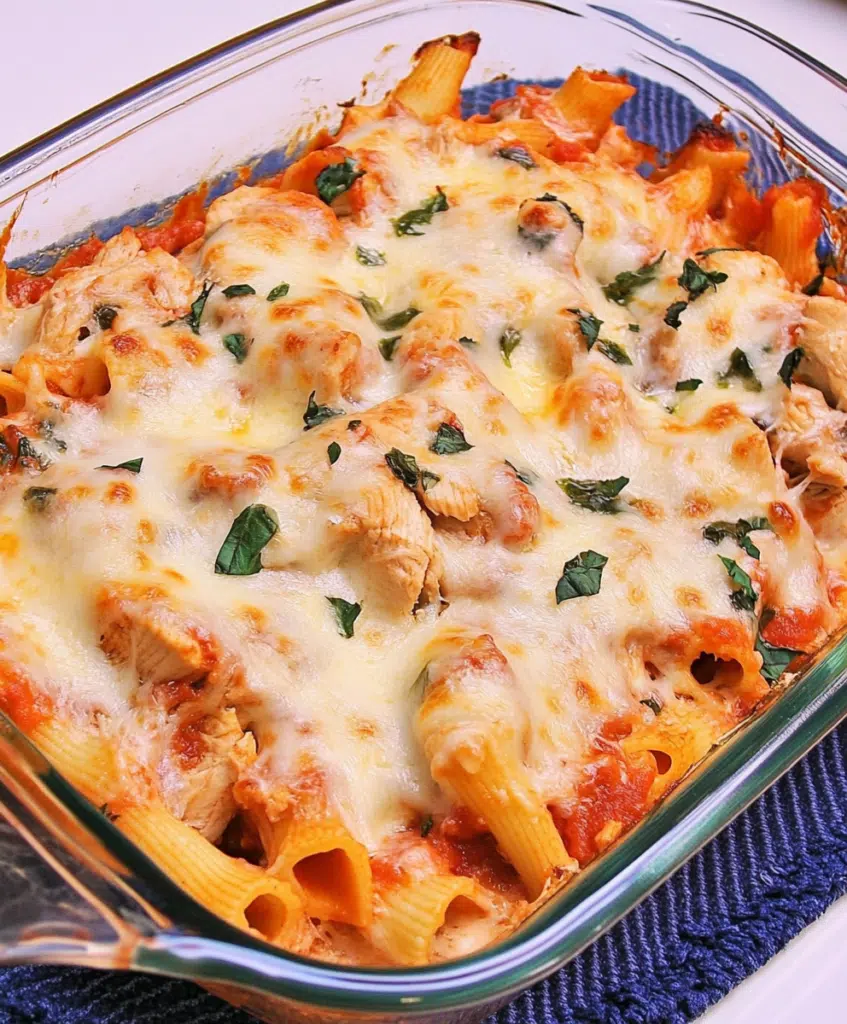 short pasta and chicken cassrole with cheese