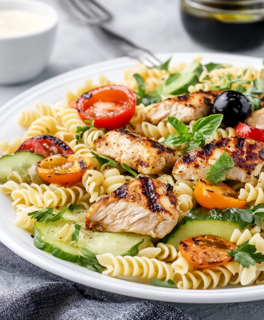 Pasta Salad with Chicken Thighs cucumber tomato olive