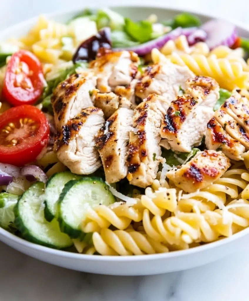 Pasta Salad with Chicken Thighs onion tomatos cucumber